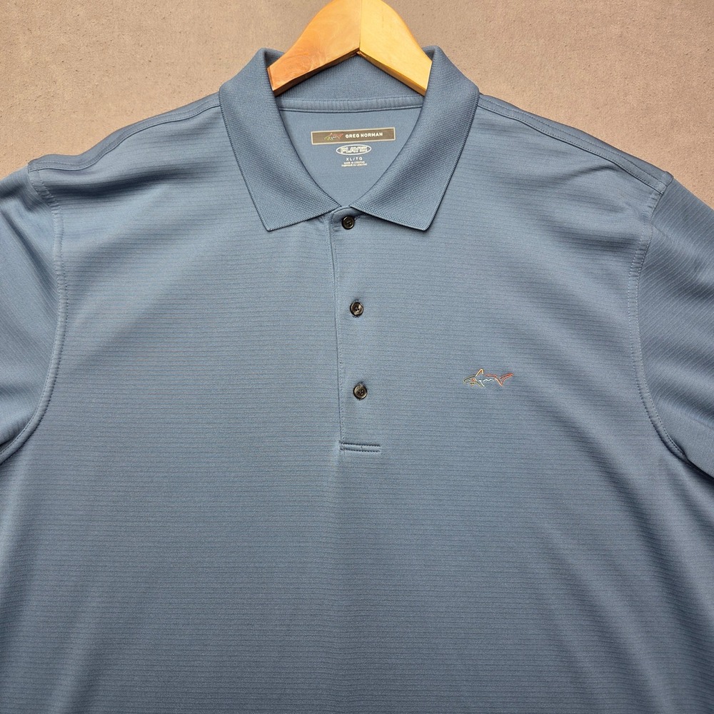 Greg Norman Play Dry Golf Polo Shirt Mens XL Blue Gray Micro Stripe Short Sleeve